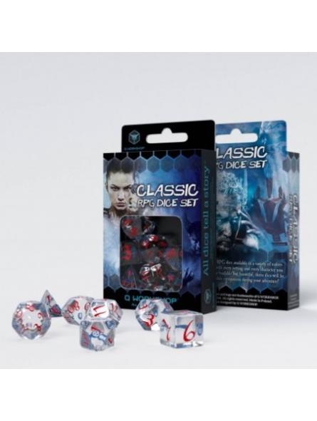 SET DE DÉS JDR CLASSIQUE TRANSPARENT BLEU-ROUGE